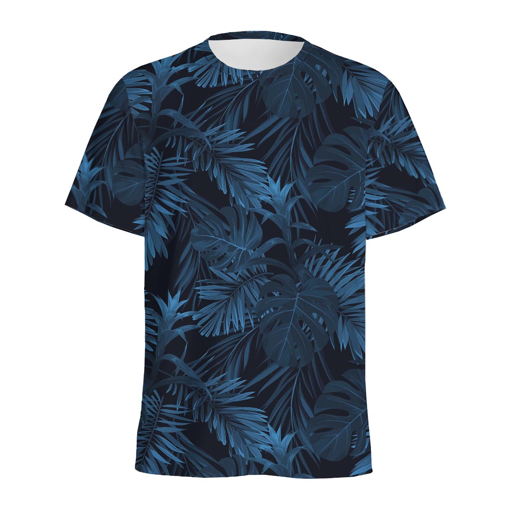 Dark Blue Tropical Leaf Pattern Print Men's Sports T-Shirt