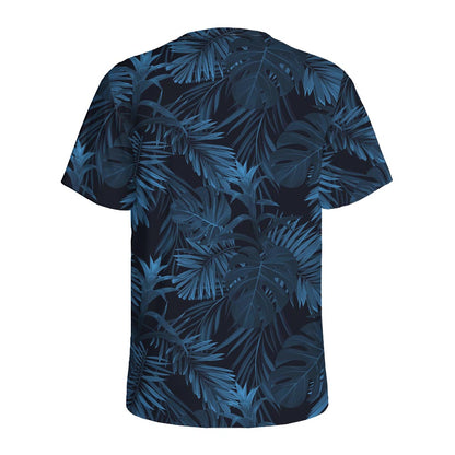 Dark Blue Tropical Leaf Pattern Print Men's Sports T-Shirt