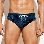 Dark Blue Tropical Leaf Pattern Print Men's Swim Briefs
