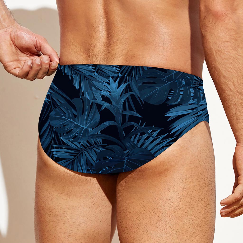 Dark Blue Tropical Leaf Pattern Print Men's Swim Briefs