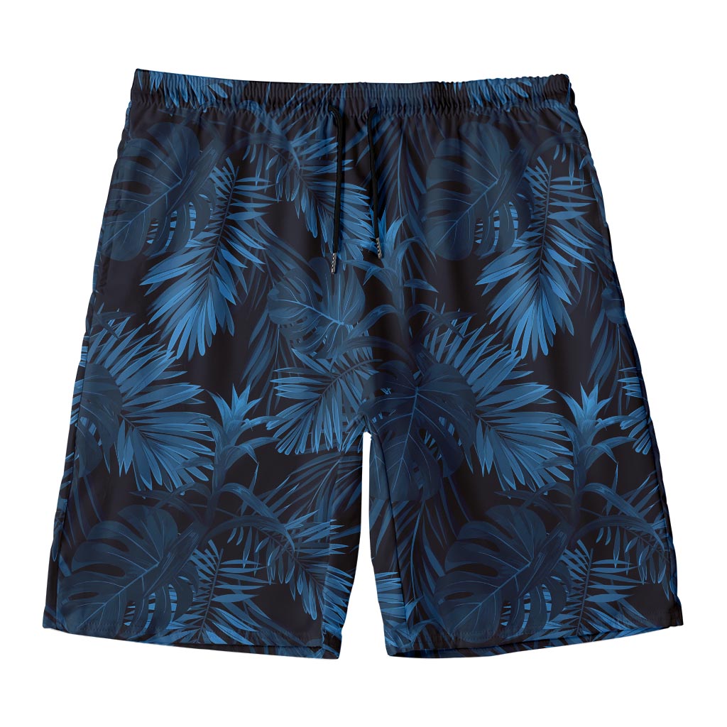Dark Blue Tropical Leaf Pattern Print Men's Swim Trunks