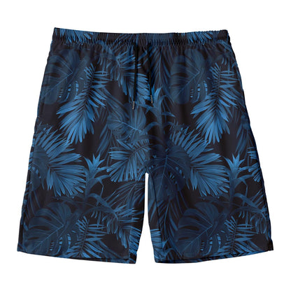 Dark Blue Tropical Leaf Pattern Print Men's Swim Trunks