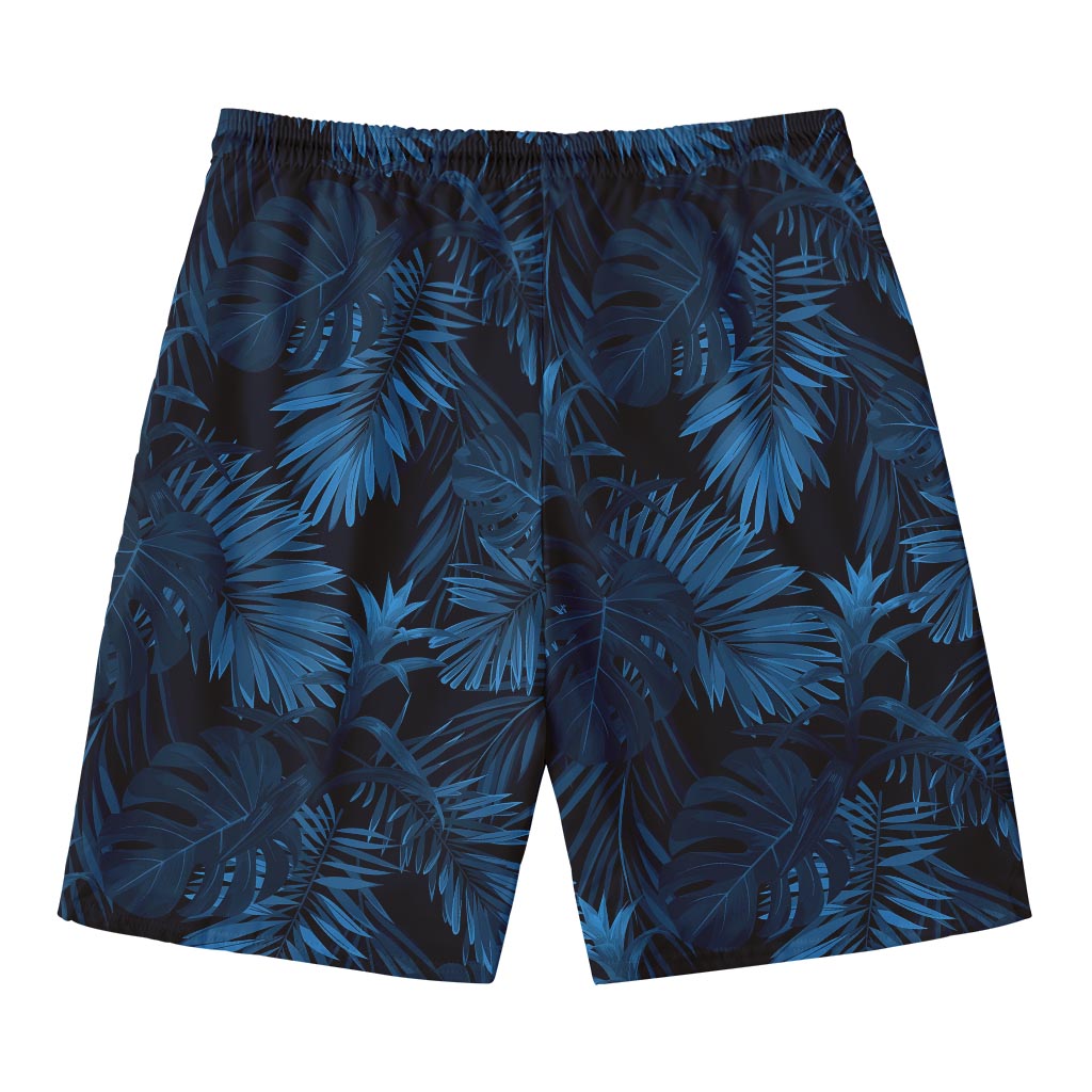 Dark Blue Tropical Leaf Pattern Print Men's Swim Trunks