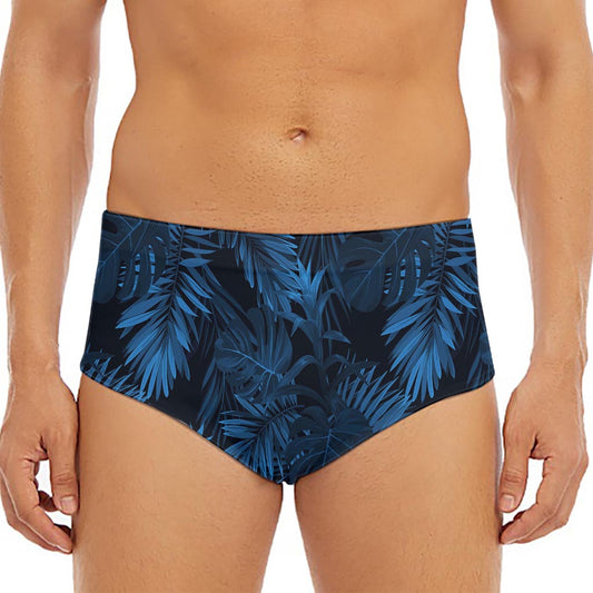Dark Blue Tropical Leaf Pattern Print Men's Triangle Swim Briefs
