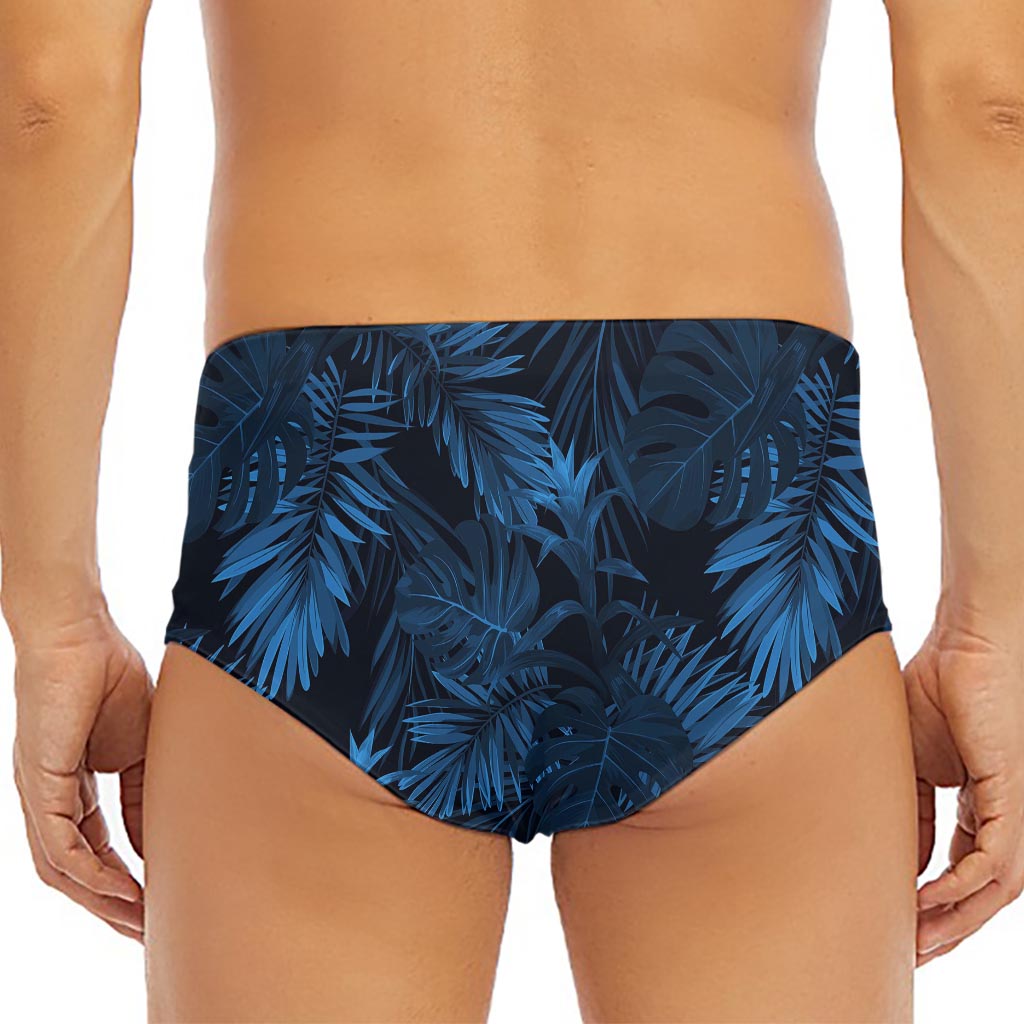 Dark Blue Tropical Leaf Pattern Print Men's Triangle Swim Briefs