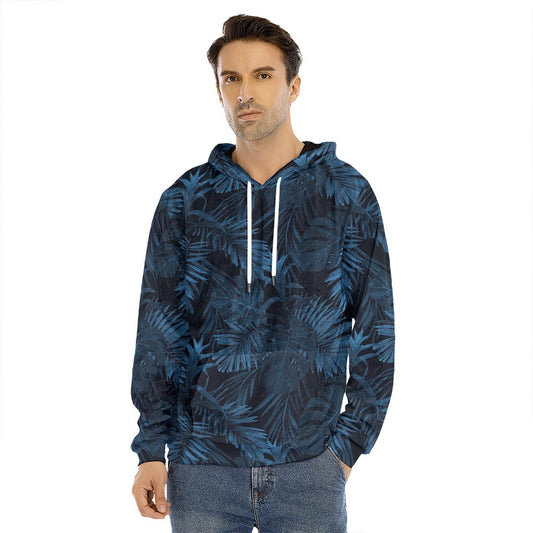 Dark Blue Tropical Leaf Pattern Print Men's Velvet Pullover Hoodie