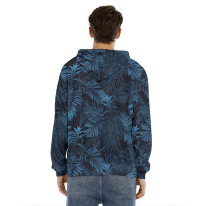 Dark Blue Tropical Leaf Pattern Print Men's Velvet Pullover Hoodie