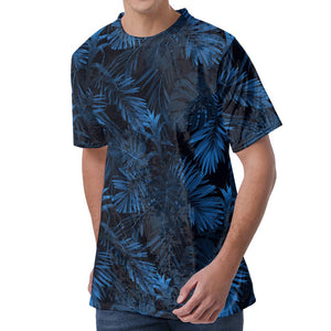 Dark Blue Tropical Leaf Pattern Print Men's Velvet T-Shirt