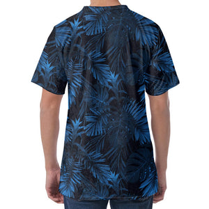 Dark Blue Tropical Leaf Pattern Print Men's Velvet T-Shirt