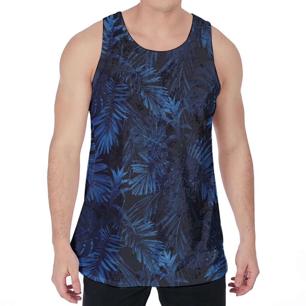 Dark Blue Tropical Leaf Pattern Print Men's Velvet Tank Top