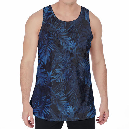 Dark Blue Tropical Leaf Pattern Print Men's Velvet Tank Top