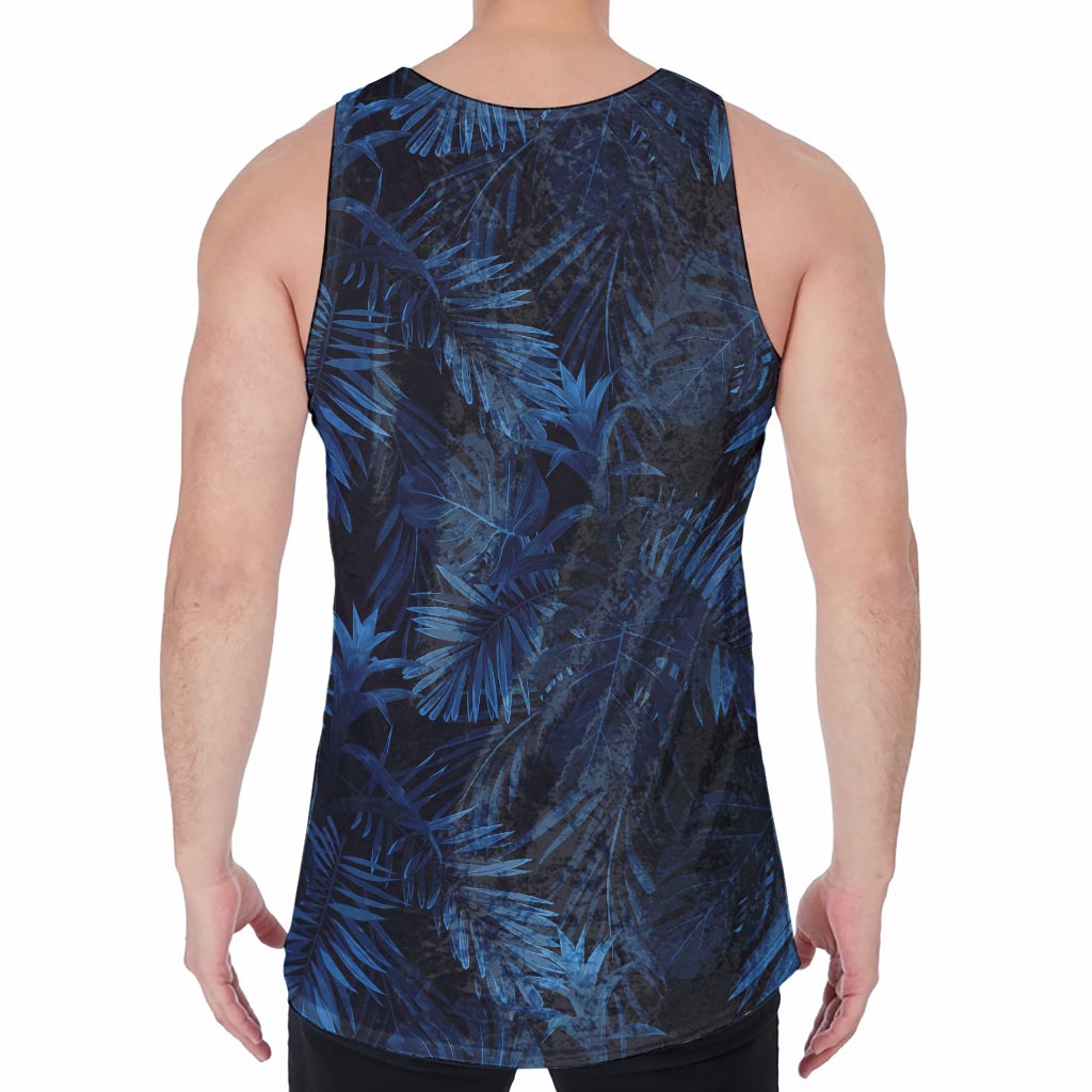 Dark Blue Tropical Leaf Pattern Print Men's Velvet Tank Top