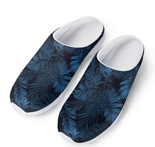 Dark Blue Tropical Leaf Pattern Print Mesh Casual Shoes