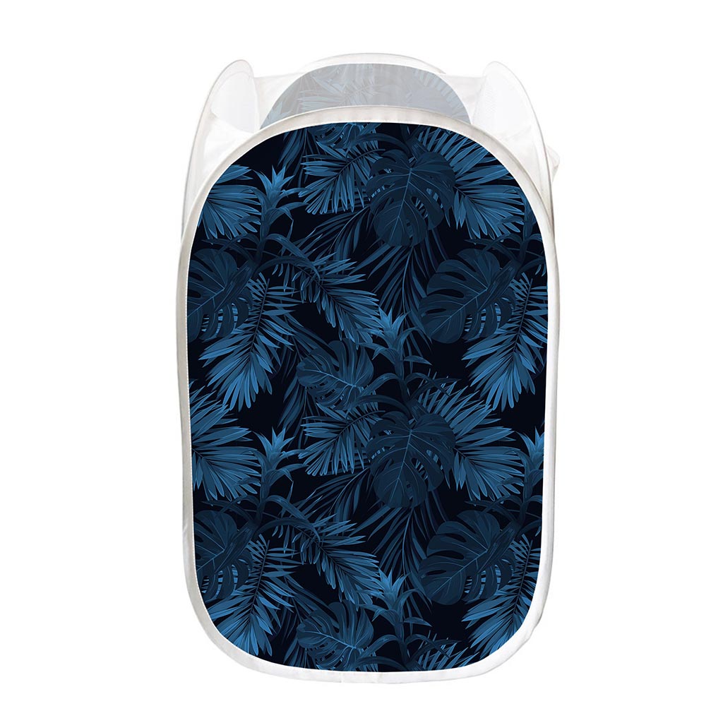 Dark Blue Tropical Leaf Pattern Print Mesh Laundry Hamper