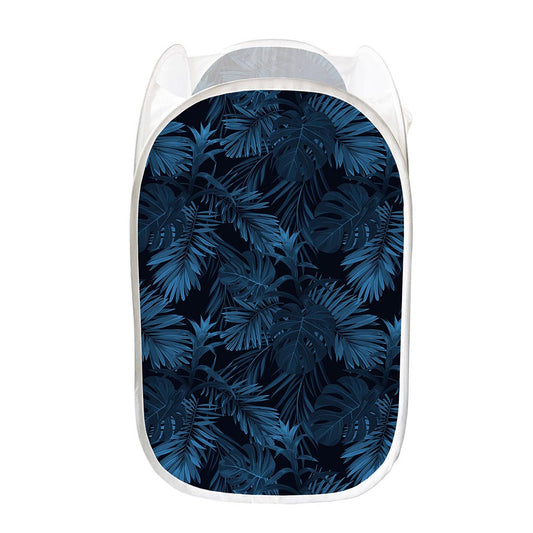 Dark Blue Tropical Leaf Pattern Print Mesh Laundry Hamper