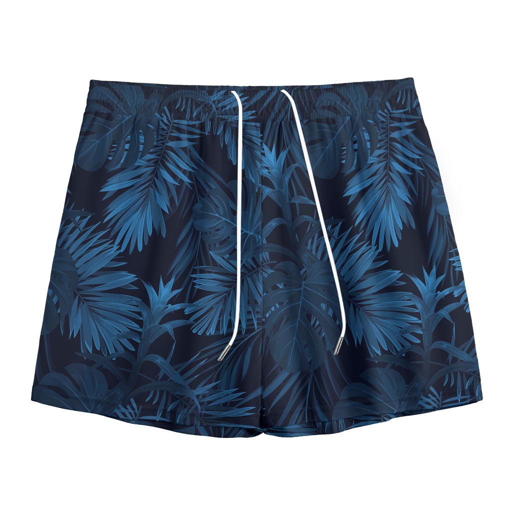 Dark Blue Tropical Leaf Pattern Print Mesh Shorts