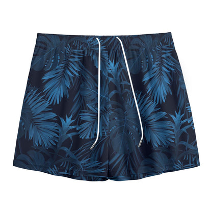 Dark Blue Tropical Leaf Pattern Print Mesh Shorts