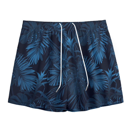 Dark Blue Tropical Leaf Pattern Print Mesh Shorts