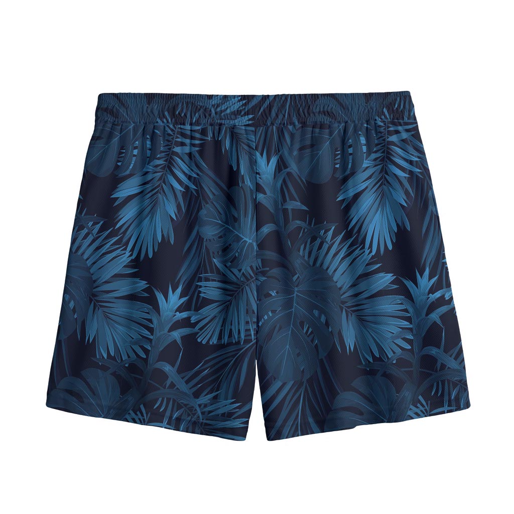 Dark Blue Tropical Leaf Pattern Print Mesh Shorts