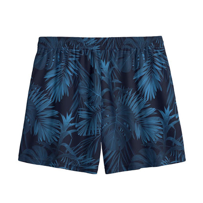 Dark Blue Tropical Leaf Pattern Print Mesh Shorts