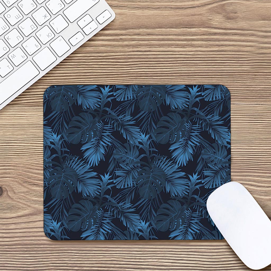 Dark Blue Tropical Leaf Pattern Print Mouse Pad