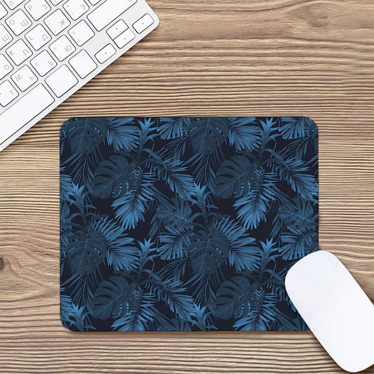 Dark Blue Tropical Leaf Pattern Print Mouse Pad