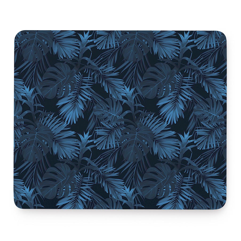 Dark Blue Tropical Leaf Pattern Print Mouse Pad