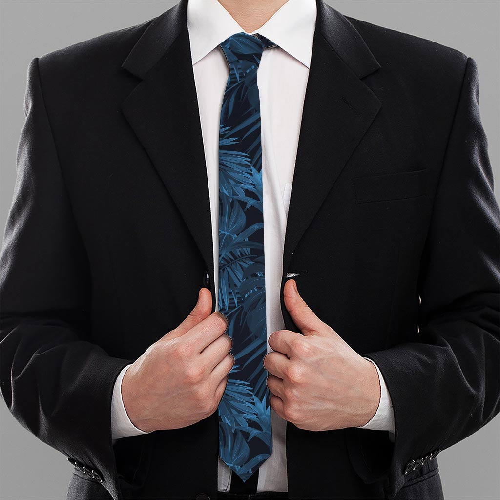 Dark Blue Tropical Leaf Pattern Print Necktie