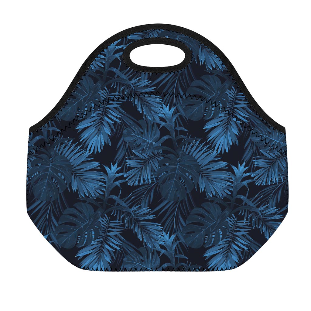 Dark Blue Tropical Leaf Pattern Print Neoprene Lunch Bag