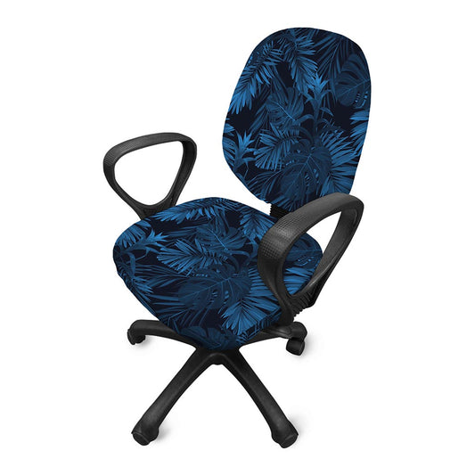 Dark Blue Tropical Leaf Pattern Print Office Chair Cover