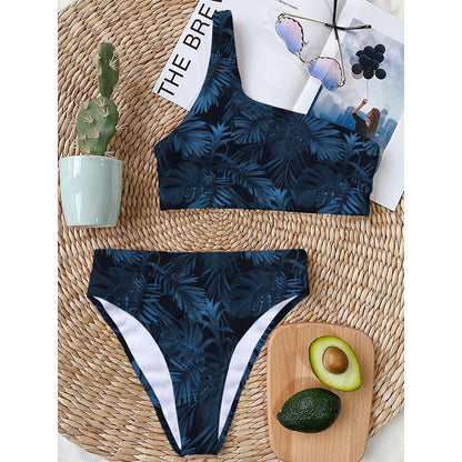 Dark Blue Tropical Leaf Pattern Print One Shoulder Bikini Top