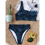 Dark Blue Tropical Leaf Pattern Print One Shoulder Bikini Top