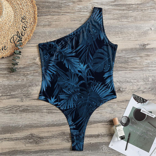 Dark Blue Tropical Leaf Pattern Print One Shoulder Bodysuit