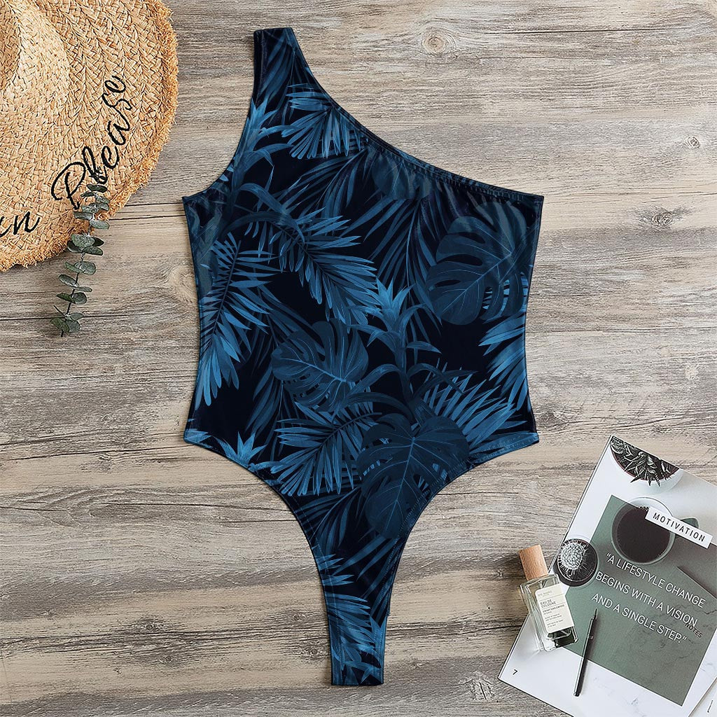 Dark Blue Tropical Leaf Pattern Print One Shoulder Bodysuit
