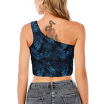 Dark Blue Tropical Leaf Pattern Print One Shoulder Crop Top