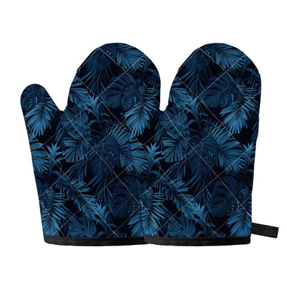 Dark Blue Tropical Leaf Pattern Print Oven Mitts