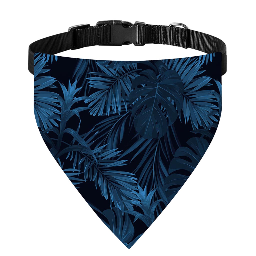 Dark Blue Tropical Leaf Pattern Print Over The Collar Dog Bandana