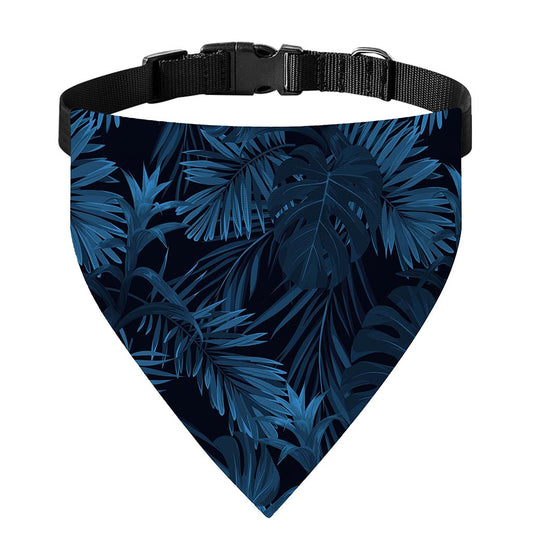 Dark Blue Tropical Leaf Pattern Print Over The Collar Dog Bandana
