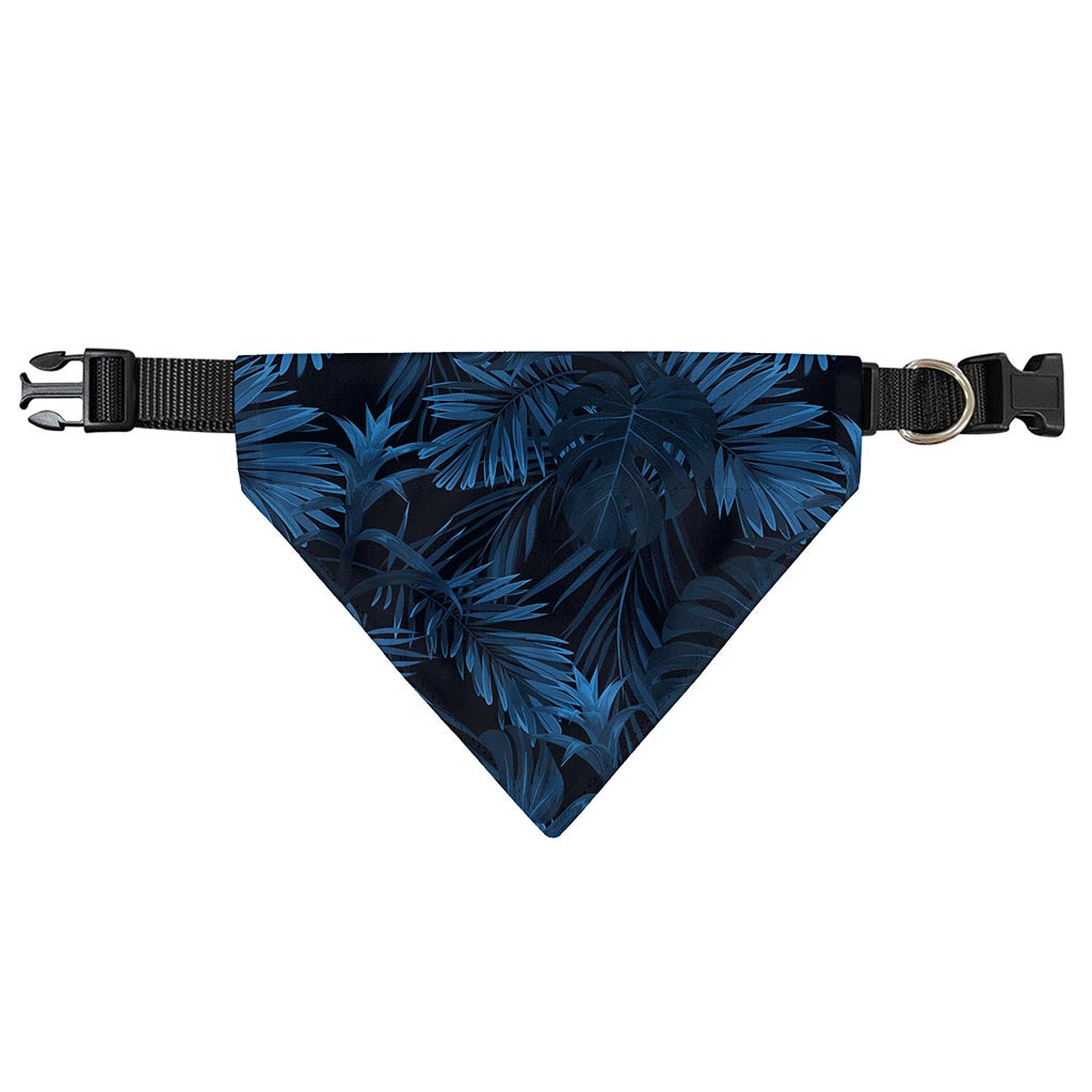 Dark Blue Tropical Leaf Pattern Print Over The Collar Dog Bandana