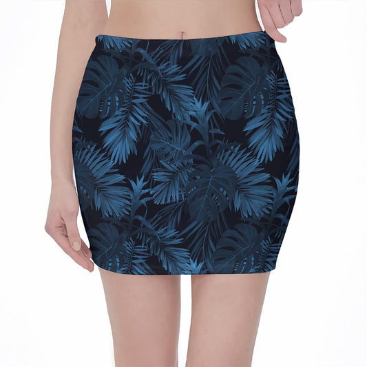 Dark Blue Tropical Leaf Pattern Print Pencil Mini Skirt