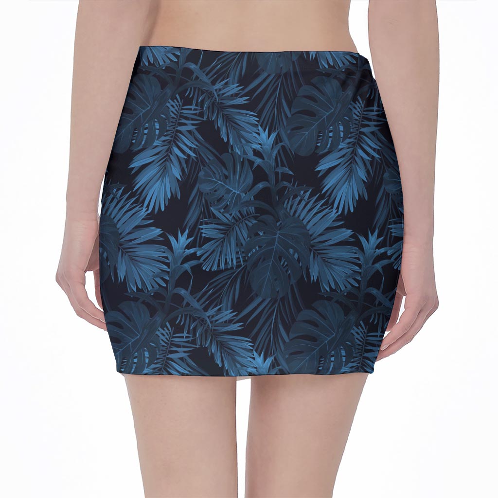 Dark Blue Tropical Leaf Pattern Print Pencil Mini Skirt