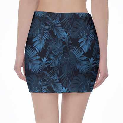 Dark Blue Tropical Leaf Pattern Print Pencil Mini Skirt