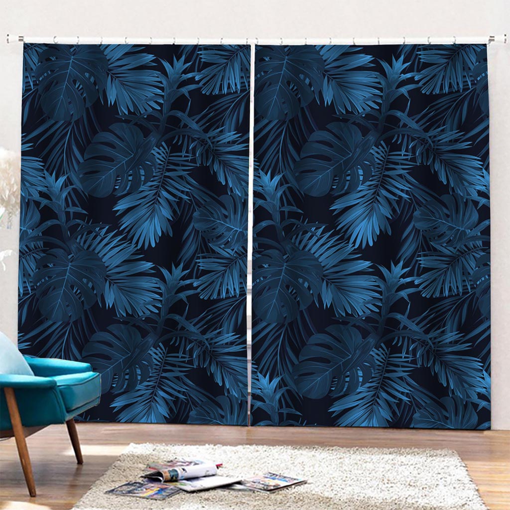 Dark Blue Tropical Leaf Pattern Print Pencil Pleat Curtains