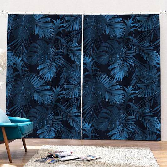 Dark Blue Tropical Leaf Pattern Print Pencil Pleat Curtains