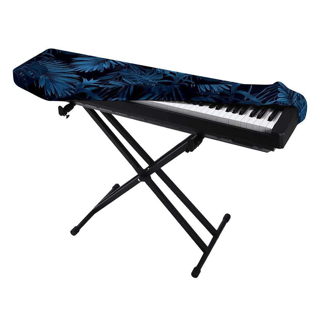 Dark Blue Tropical Leaf Pattern Print Piano Keyboard Cover