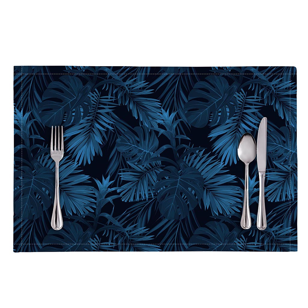 Dark Blue Tropical Leaf Pattern Print Placemat