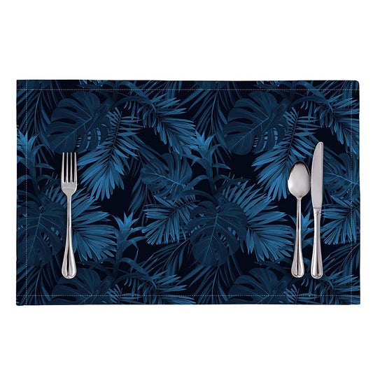 Dark Blue Tropical Leaf Pattern Print Placemat