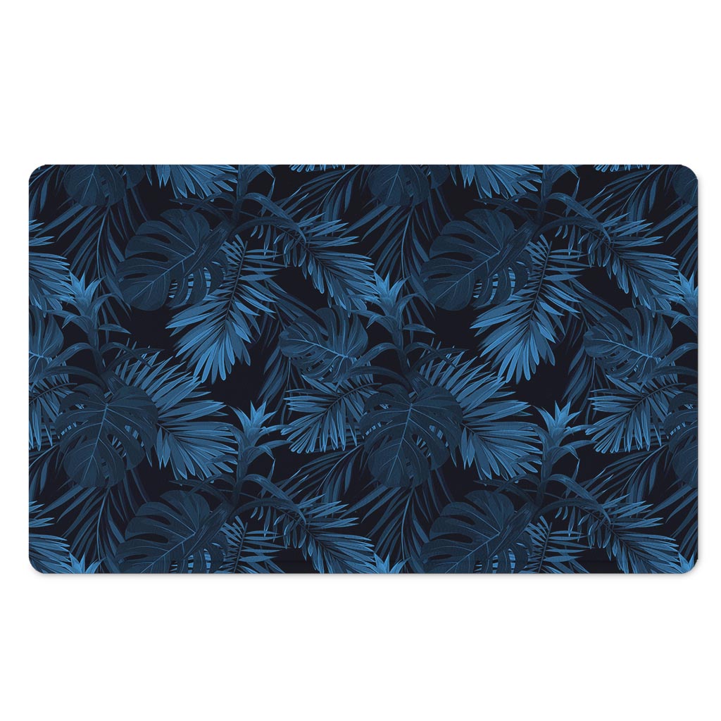 Dark Blue Tropical Leaf Pattern Print Polyester Doormat