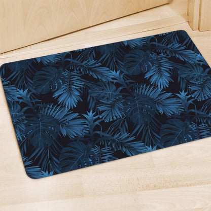 Dark Blue Tropical Leaf Pattern Print Polyester Doormat