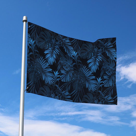 Dark Blue Tropical Leaf Pattern Print Polyester Flag